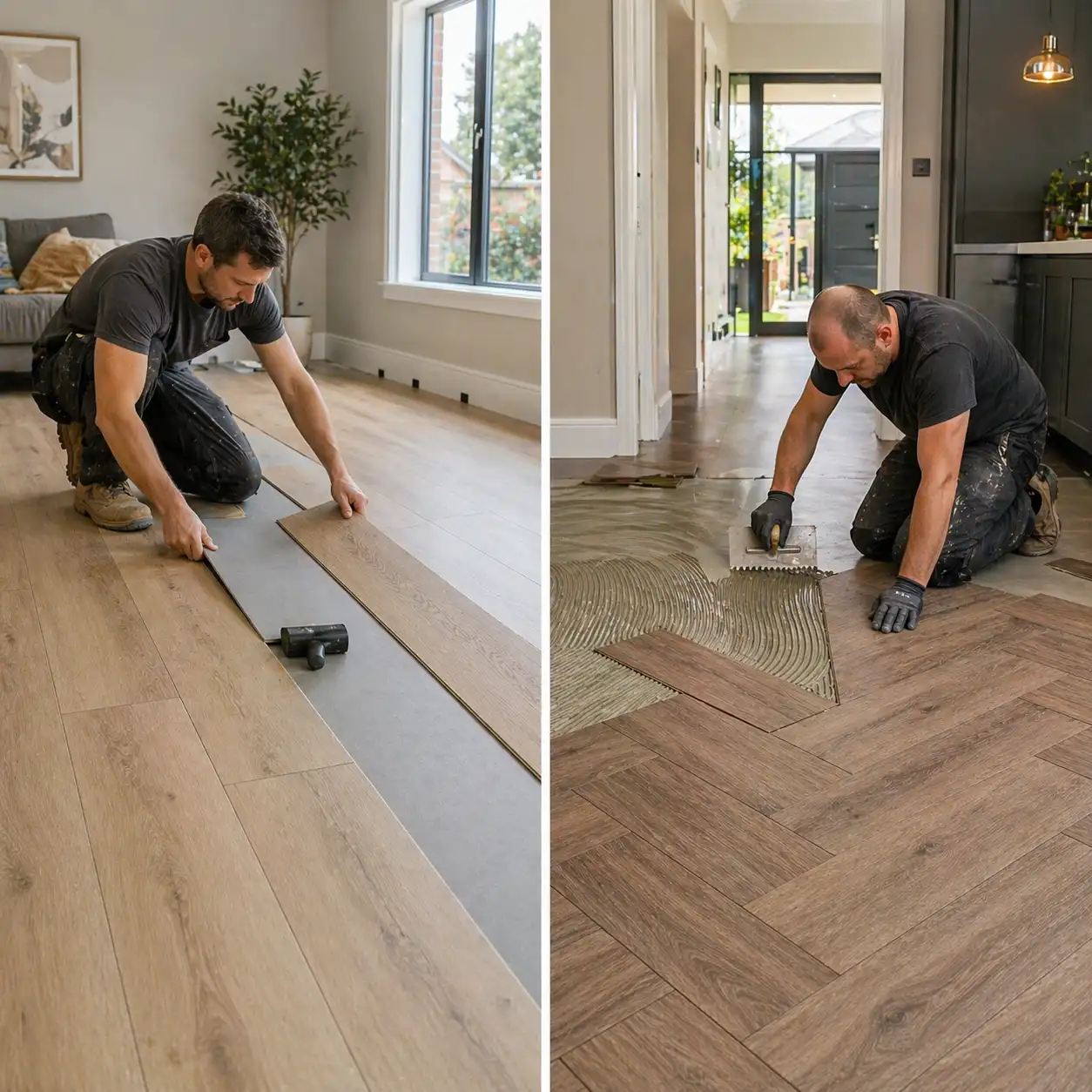 Side by side view of click LVT planks installation and glue-down LVT with adhesive in modern home
