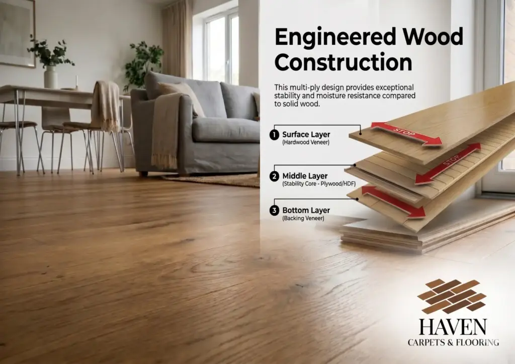 Engineered wood flooring layers shown with hardwood surface and core structure in modern living room
