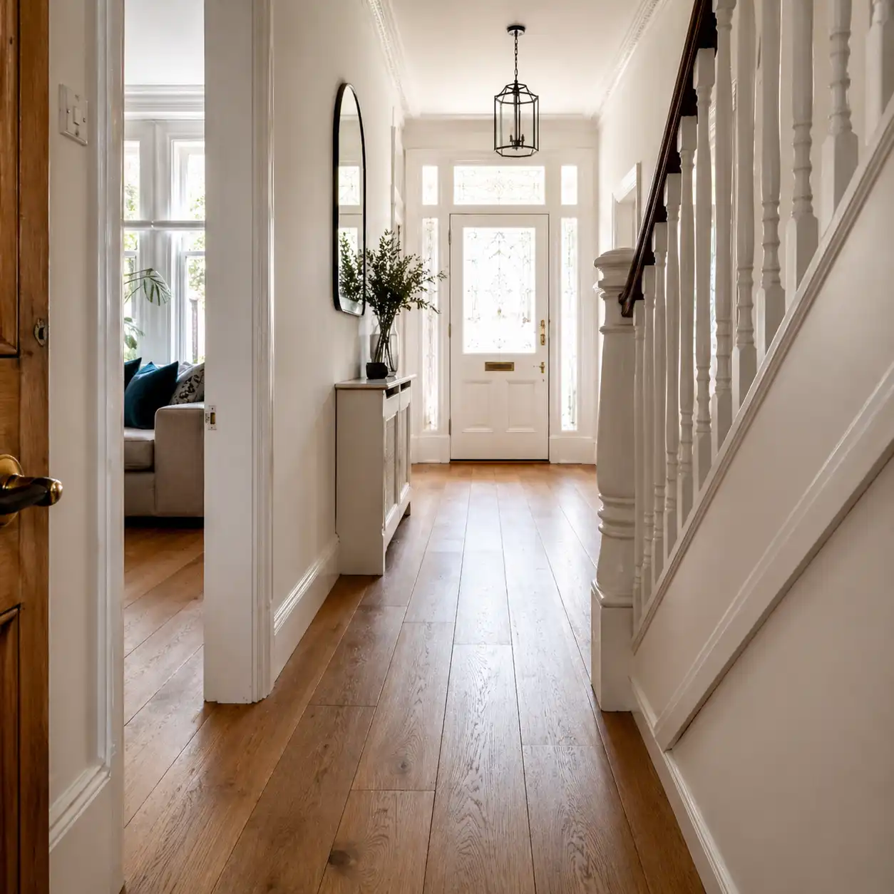 Engineered wood flooring in a Liverpool period hallway with warm oak tones, white walls, natural light, and a refined renovation finish.