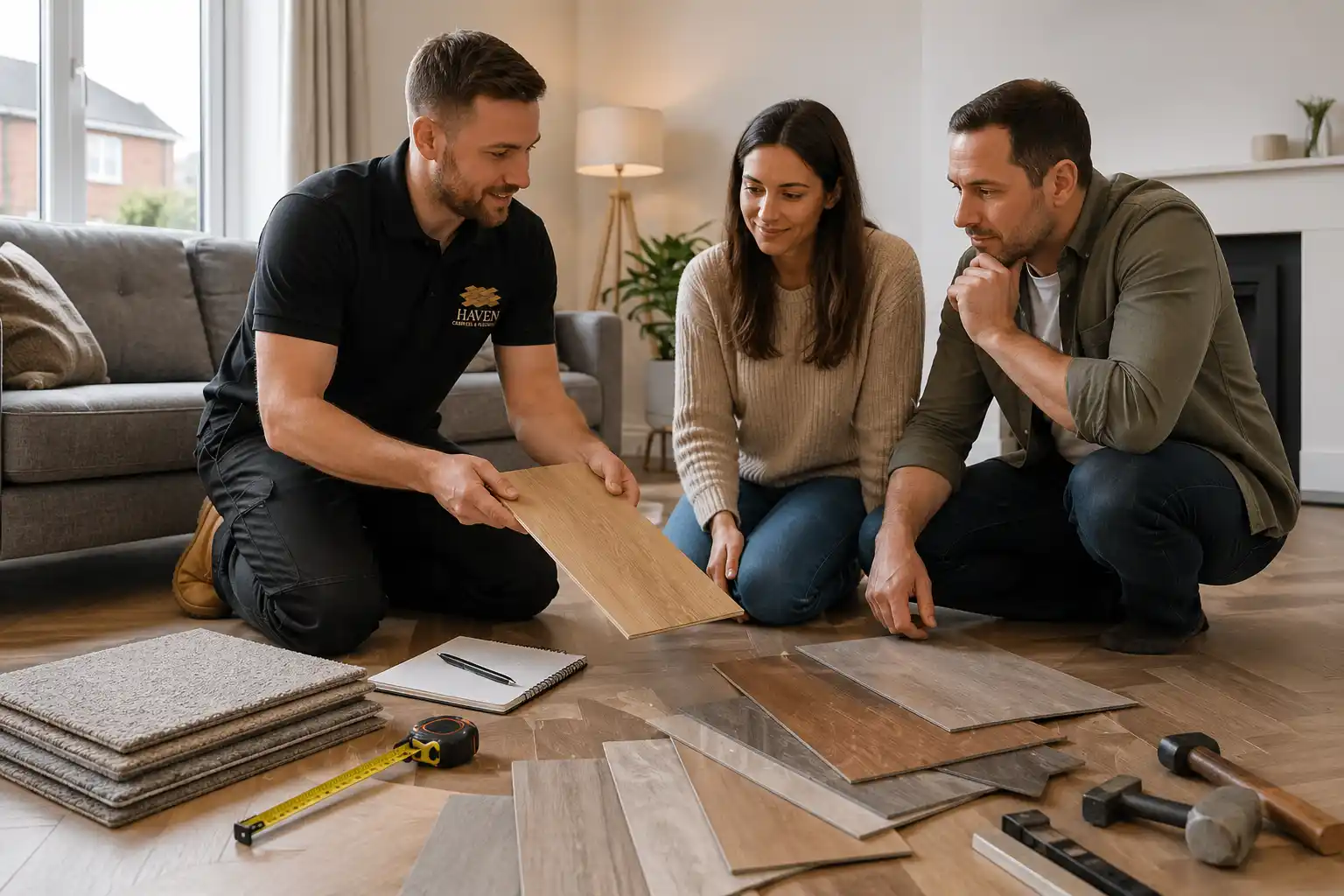 Haven Carpets & Flooring expert showing flooring samples to customers during a home consultation in Liverpool.