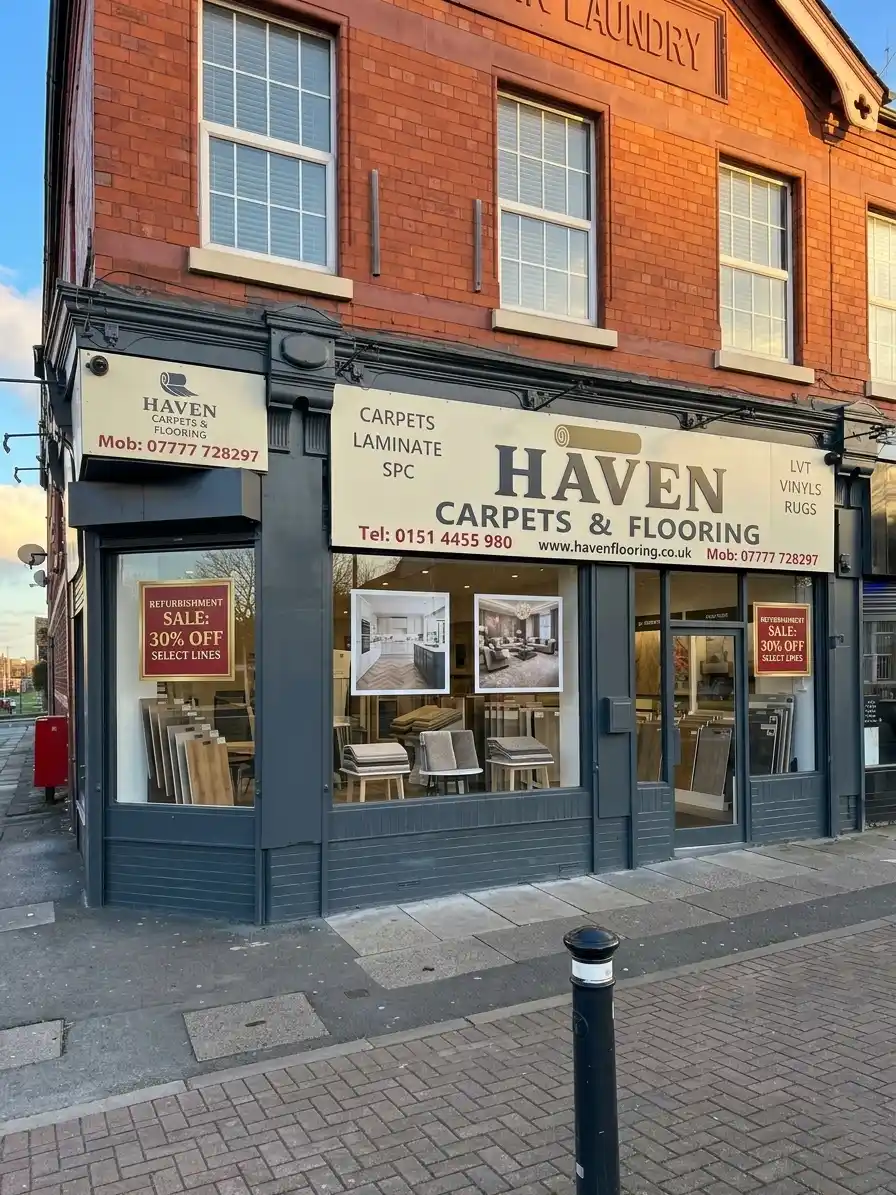 Exterior of Haven Carpets and Flooring store with signage and window display in Liverpool street
