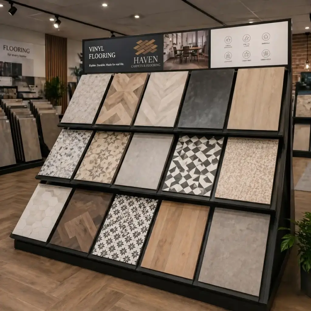 Vinyl flooring samples display with Haven Carpets and Flooring branding in modern Liverpool showroom