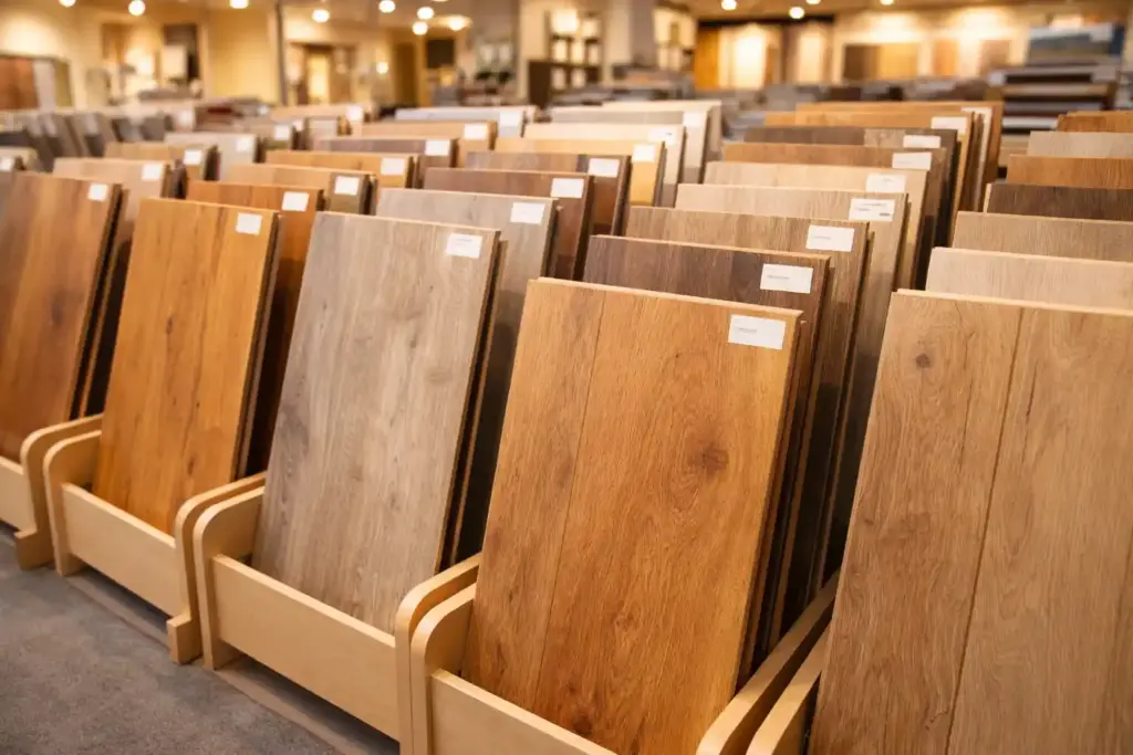 Laminate flooring samples displayed in showroom with different wood shades and textures in Liverpool