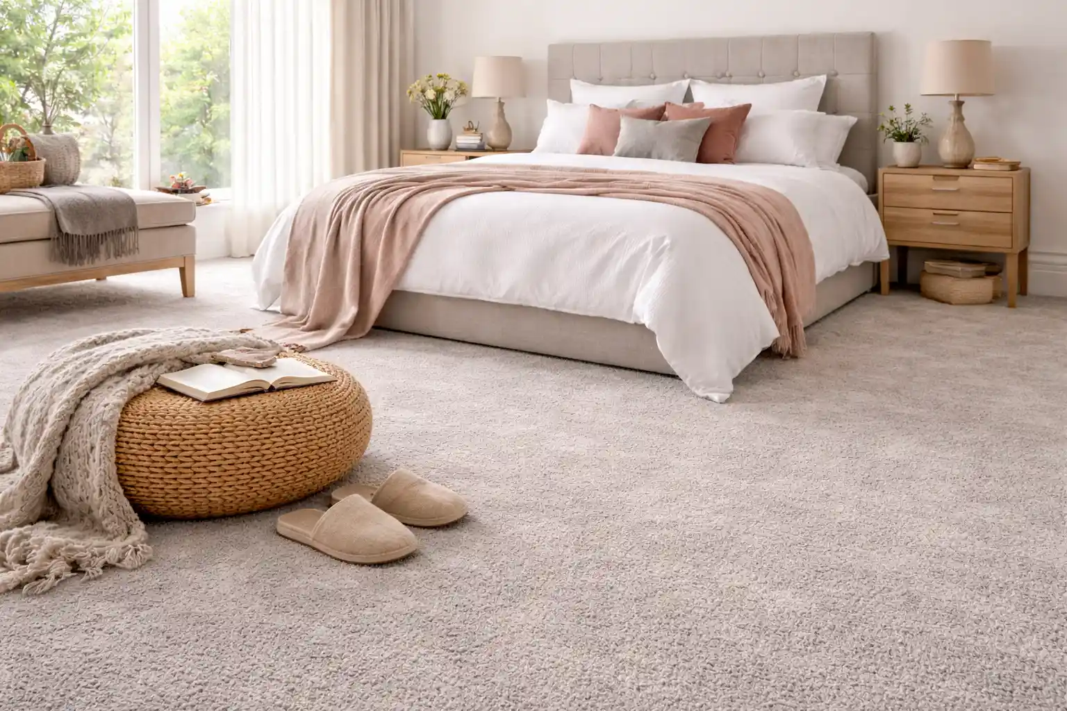 Modern bedroom with soft beige carpet flooring, cozy bed setup and stylish interior in Liverpool