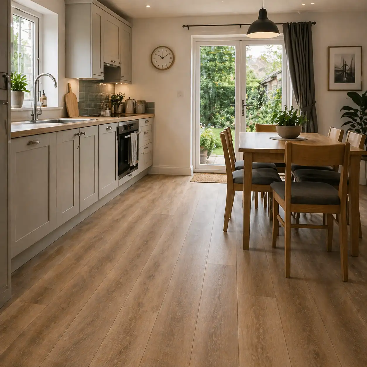 Modern kitchen and dining room with wood-effect vinyl flooring in a bright Liverpool home