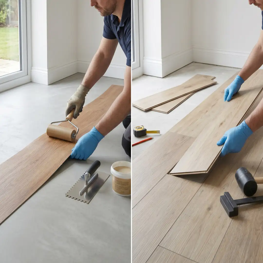 Floor fitters installing sheet vinyl in kitchen and click vinyl planks in living room side by side