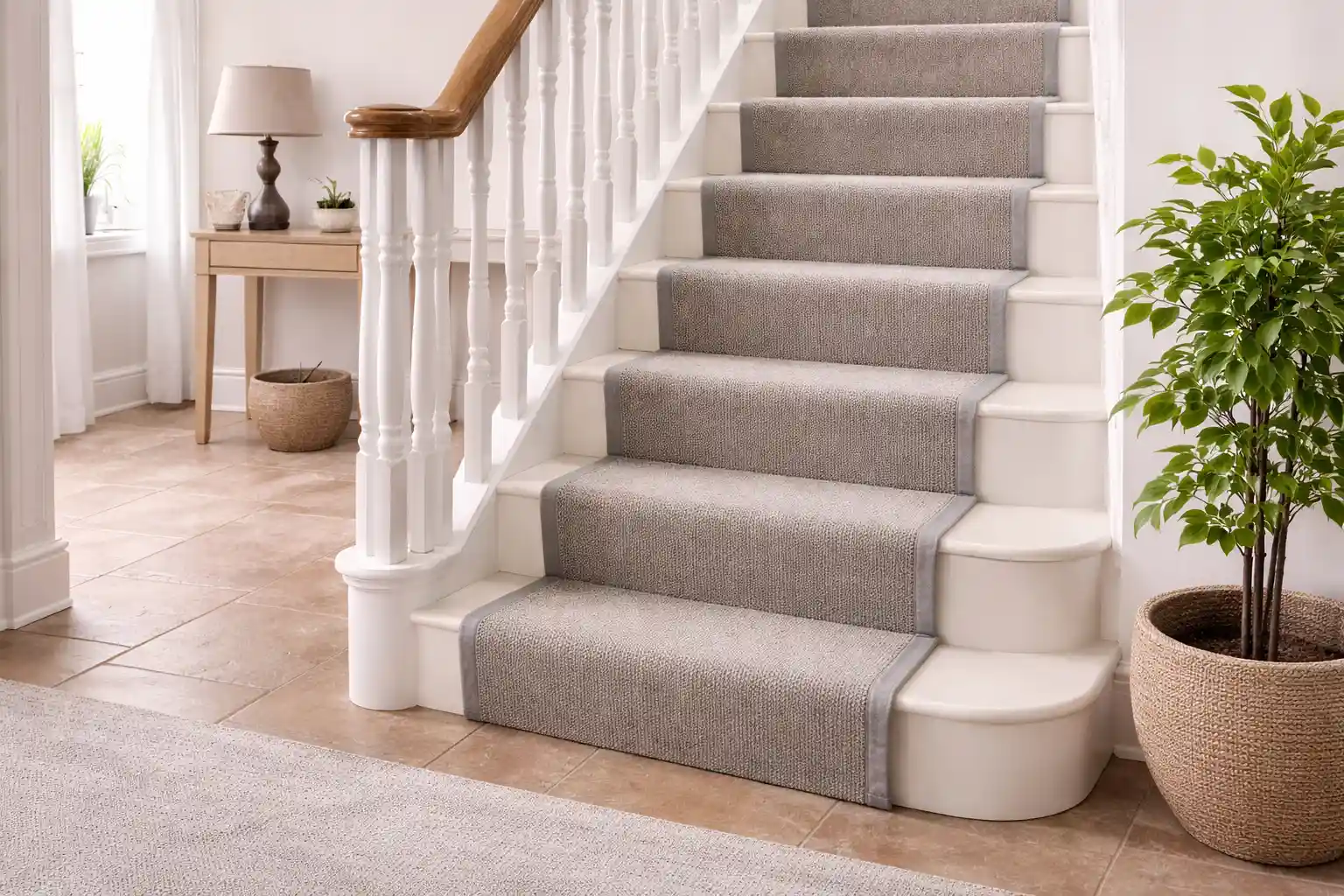 Modern staircase with grey carpet runner and white stairs in a stylish home Liverpool