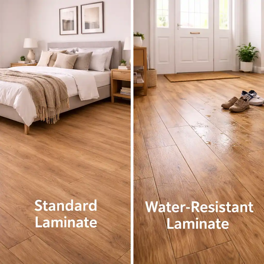 Split image showing standard laminate flooring in bedroom and water-resistant laminate flooring in hallway with moisture and shoes