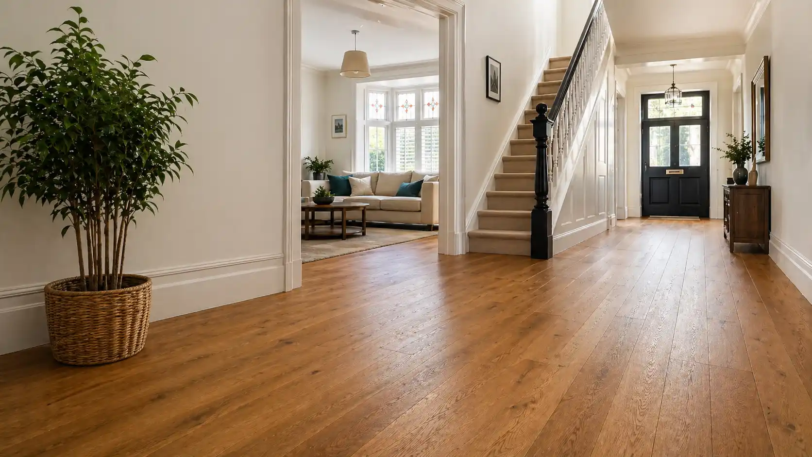 Bright Liverpool home hallway with warm engineered wood flooring, white walls, staircase, and natural light from the living room.