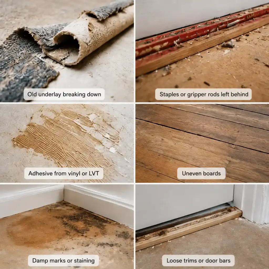 Collage showing old underlay, gripper rods, adhesive marks, uneven boards, damp staining and loose trims under removed flooring