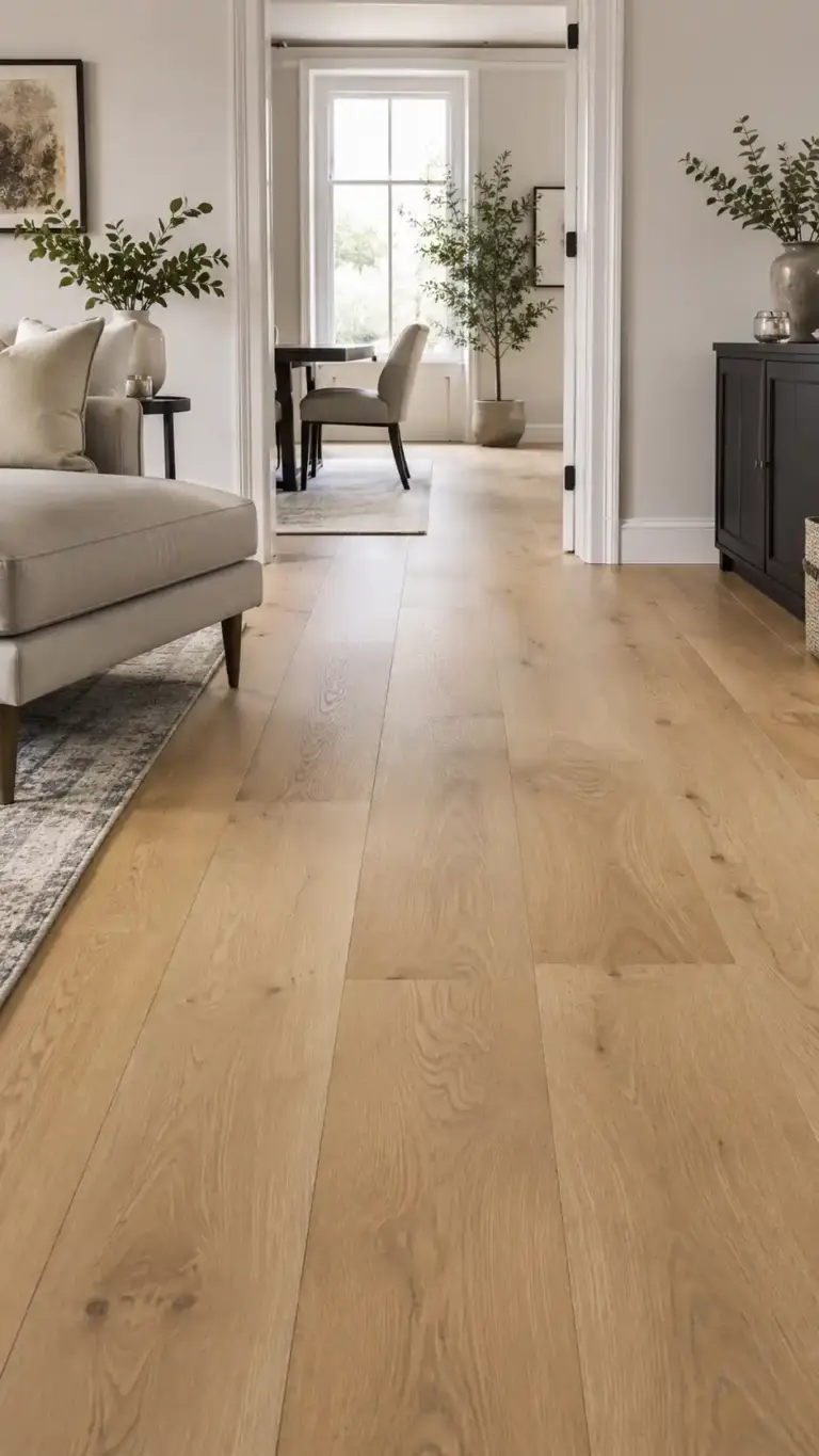 Light engineered wood flooring fitted across a bright modern UK living space with natural oak tones.