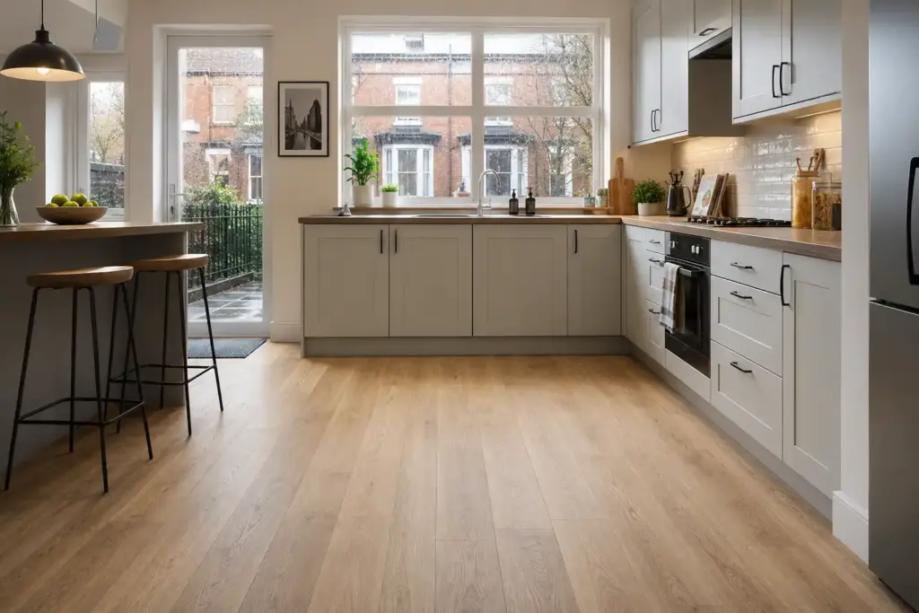 Modern Liverpool kitchen with wood effect LVT flooring