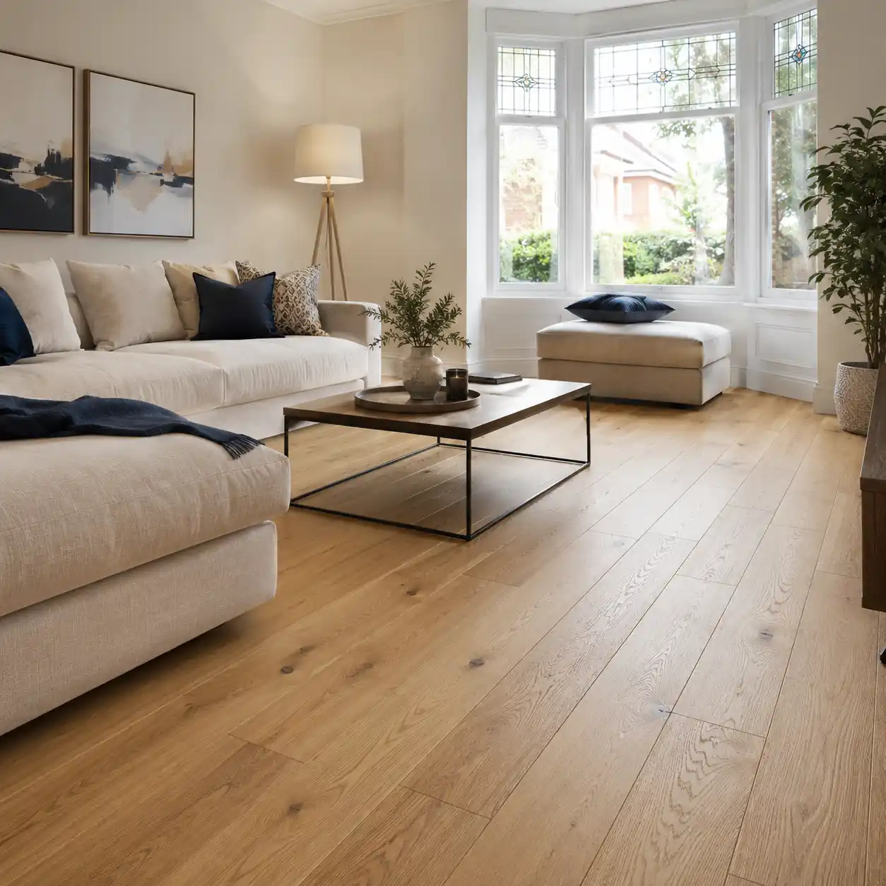 Professionally fitted natural oak engineered wood flooring in a modern living room in Allerton and Mossley Hill
