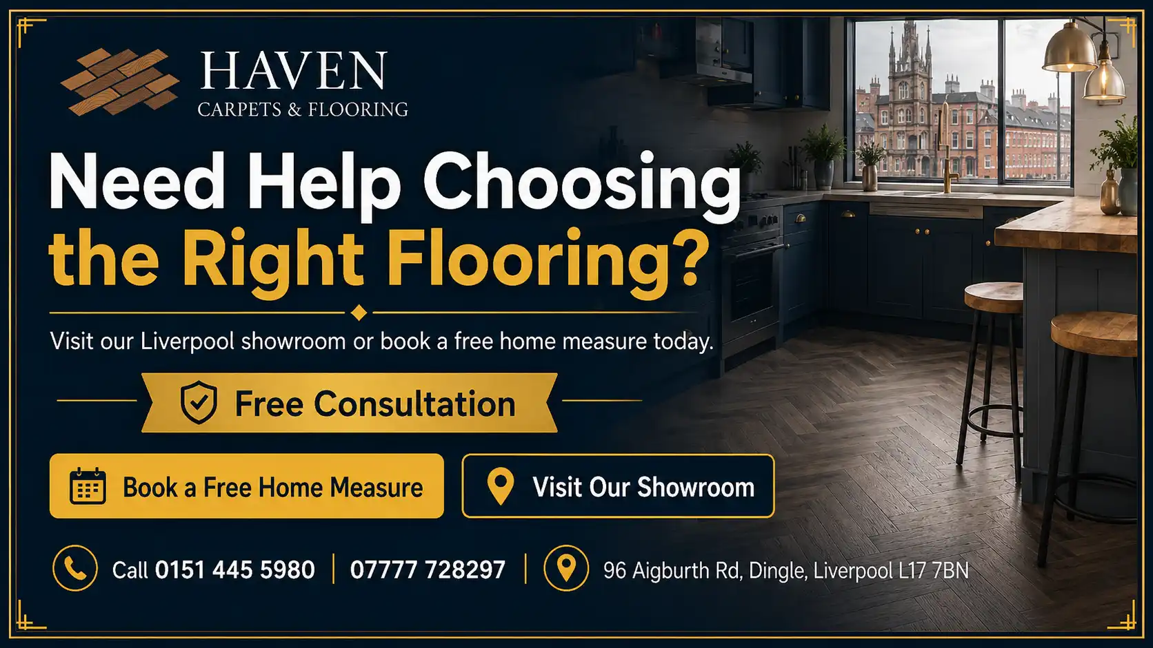 Haven Carpets and Flooring banner offering a free consultation, home measure and Liverpool showroom visit