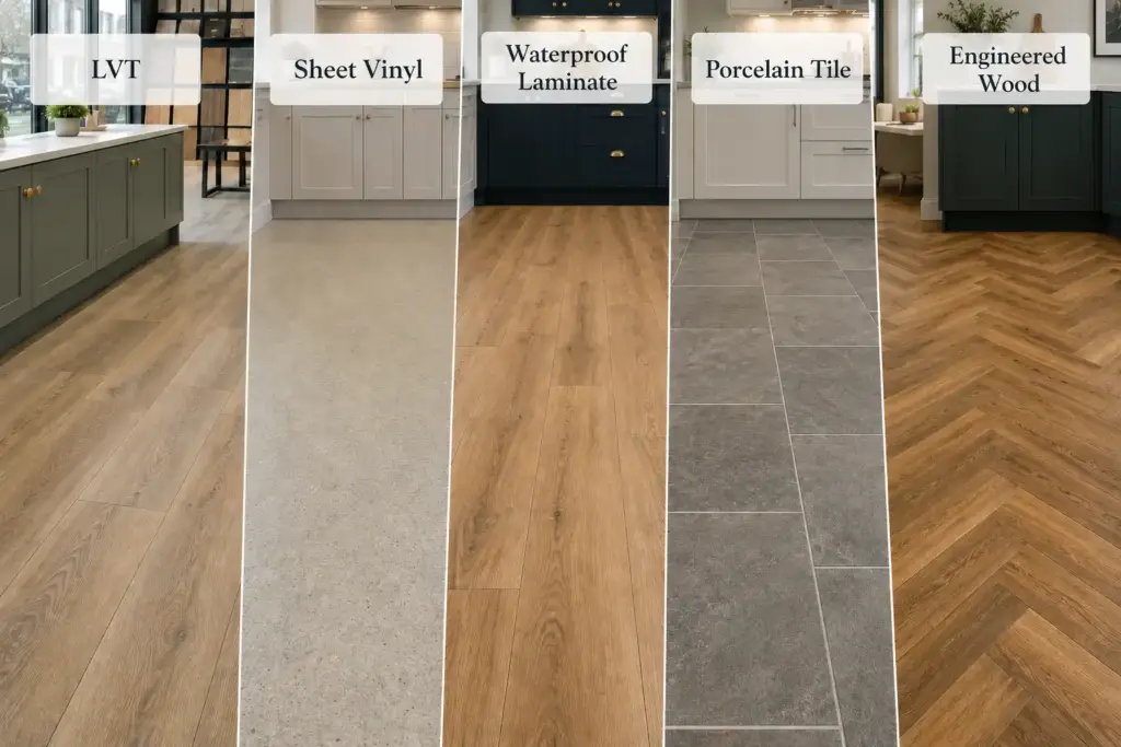 LVT, vinyl, laminate and tile flooring samples for kitchens