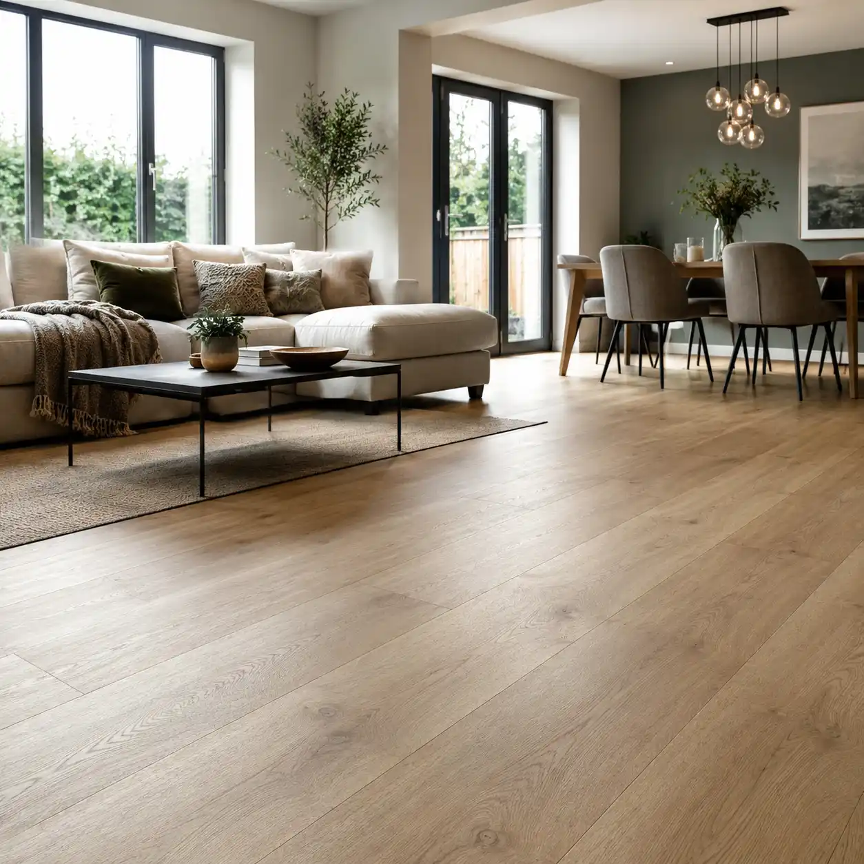 Professionally fitted oak-effect LVT flooring in a modern living and dining room in Allerton and Mossley Hill