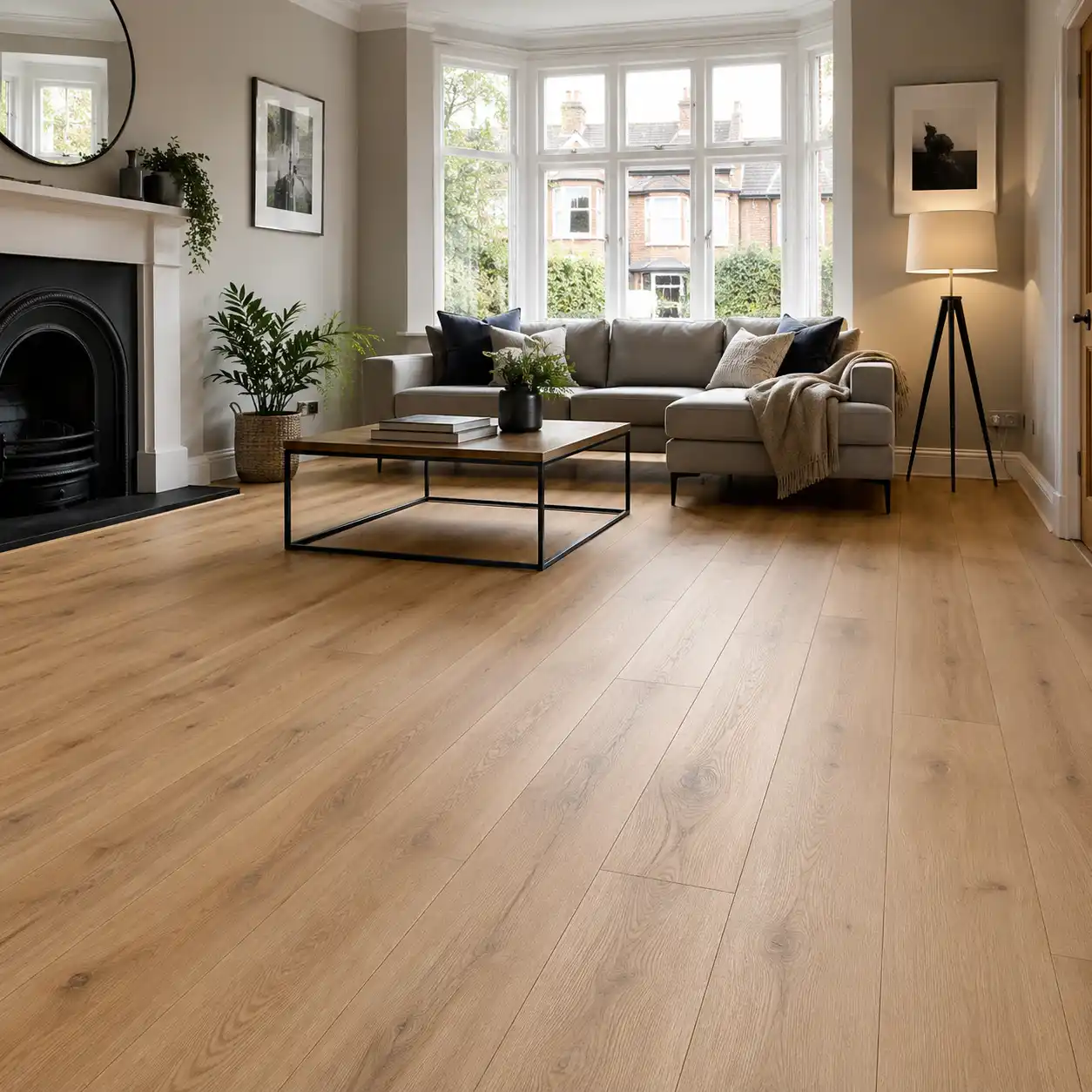 Professionally fitted light oak laminate flooring in a modern living room in Allerton and Mossley Hill