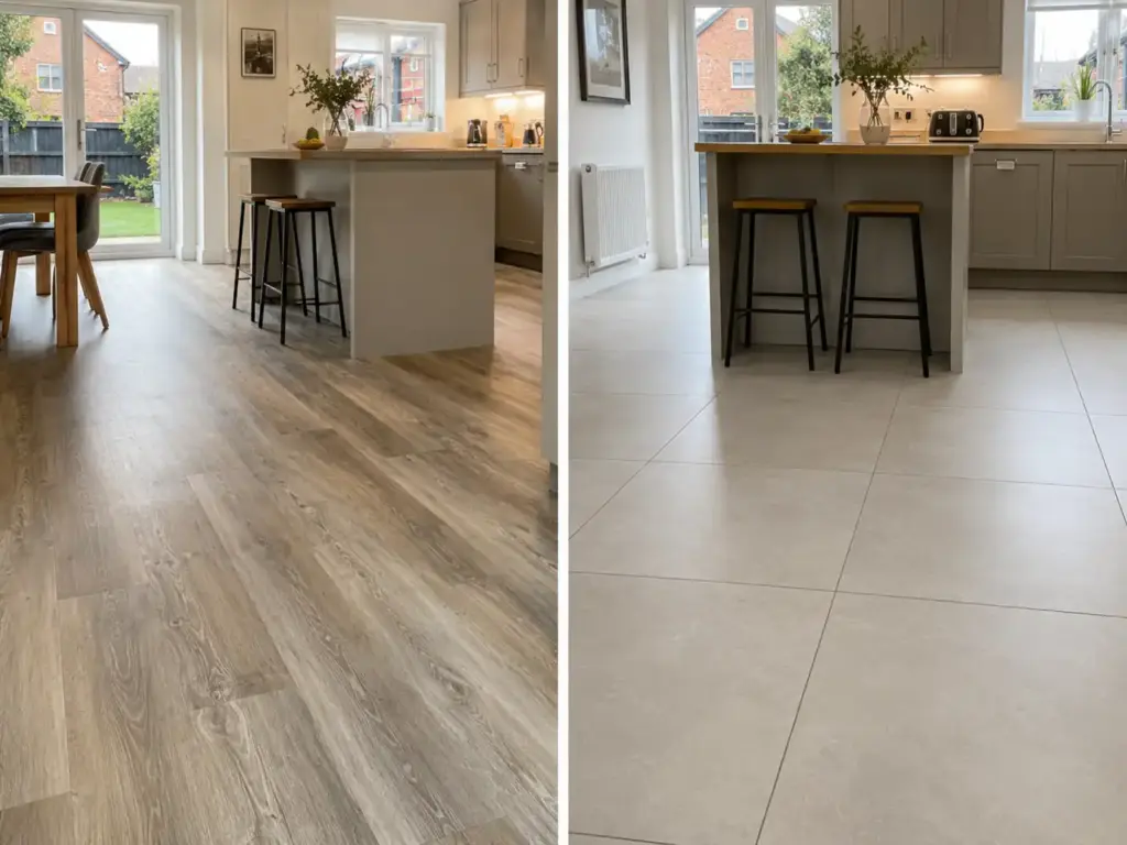 Side-by-side Liverpool kitchen showing stone-effect LVT flooring next to porcelain tile with visible texture detail