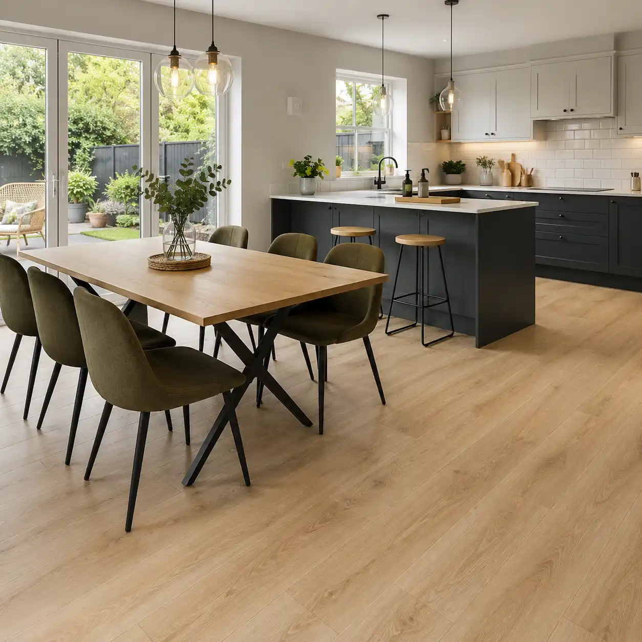 Professionally fitted light oak vinyl flooring in a modern kitchen diner in Allerton and Mossley Hill