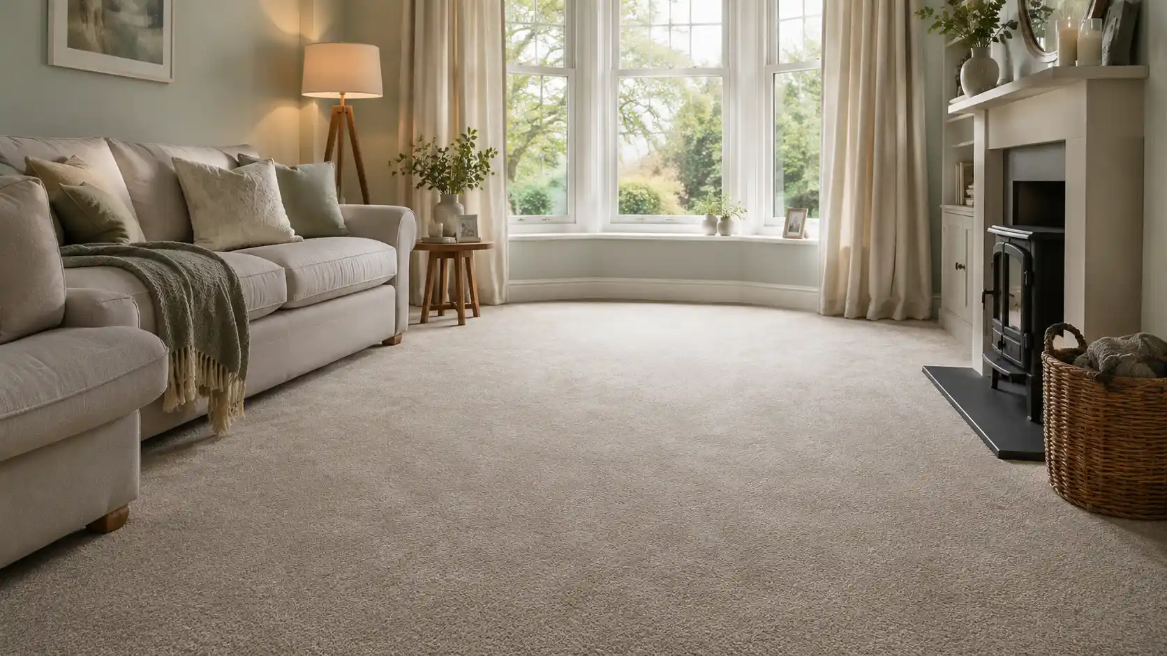 Soft neutral carpet fitted in a warm and comfortable Birkenhead living room with a bay window.