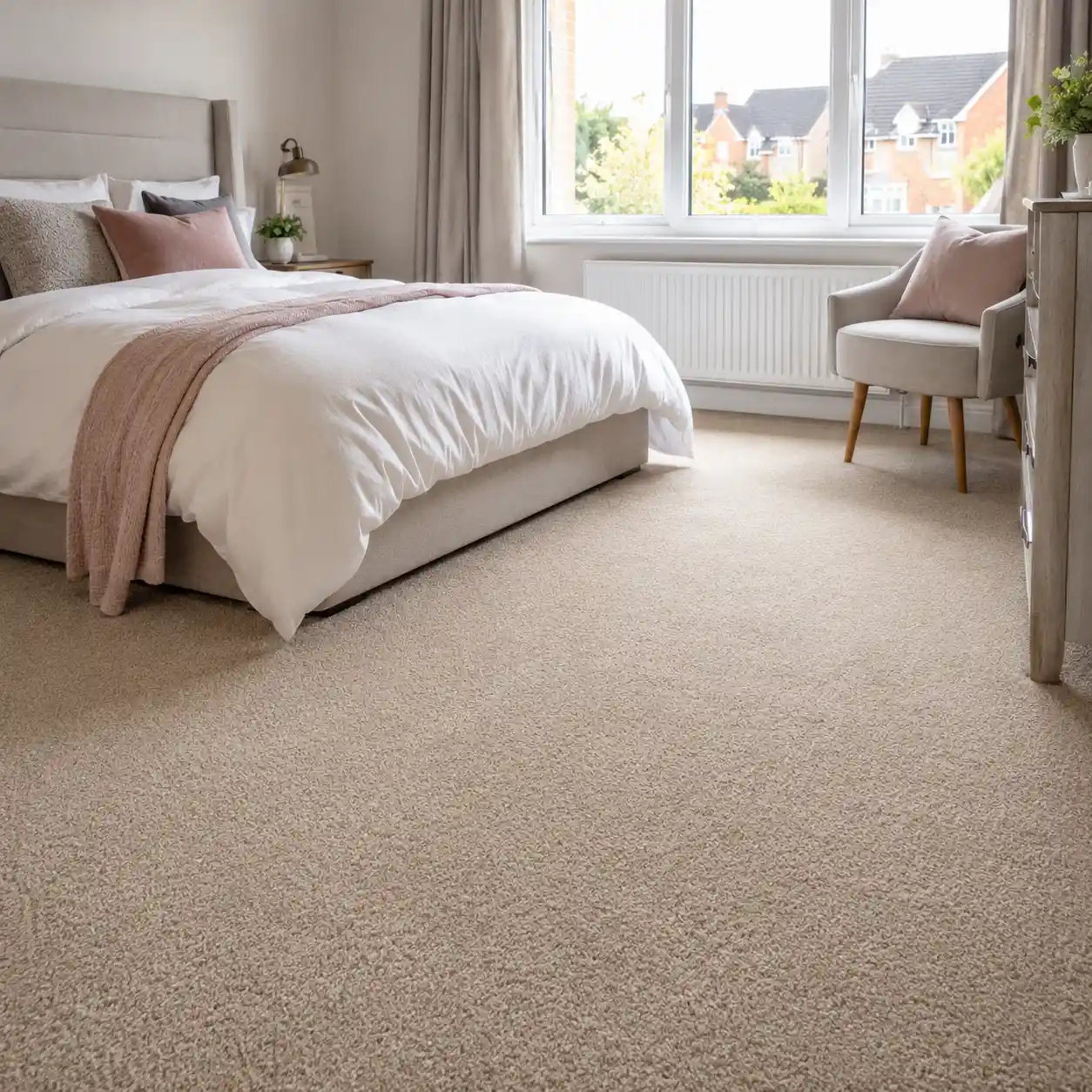 Soft beige carpet fitted in a bright modern bedroom in Kirkby.