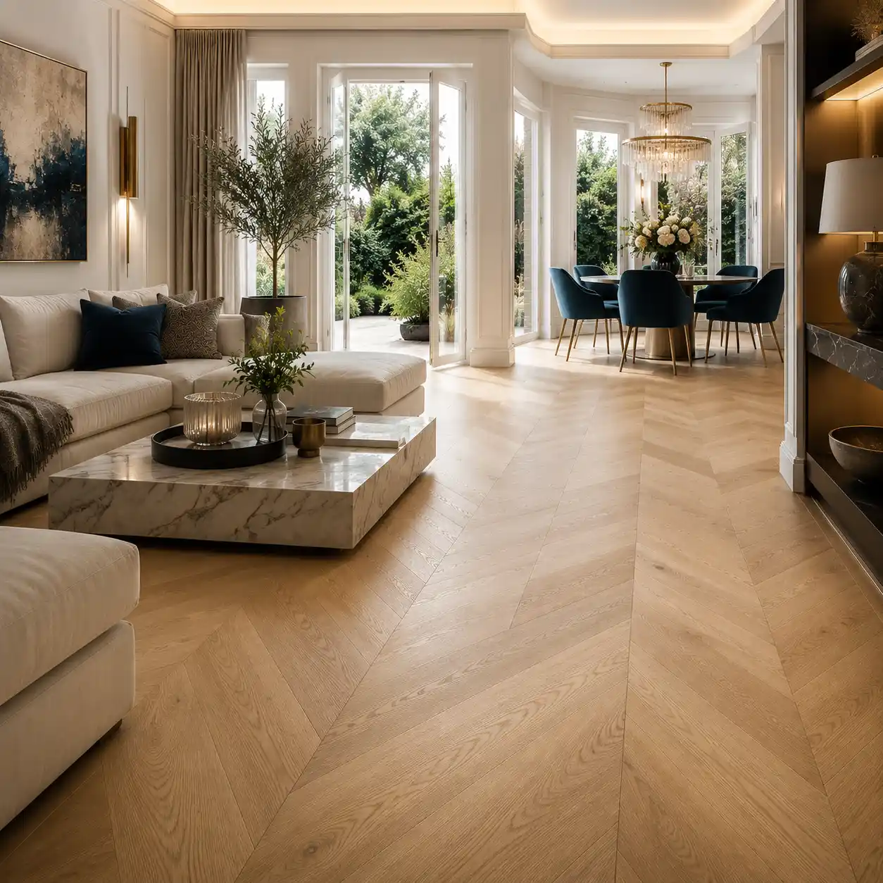 Luxury engineered wood flooring fitted in an elegant open-plan Southport living and dining space by Haven Carpets & Flooring.