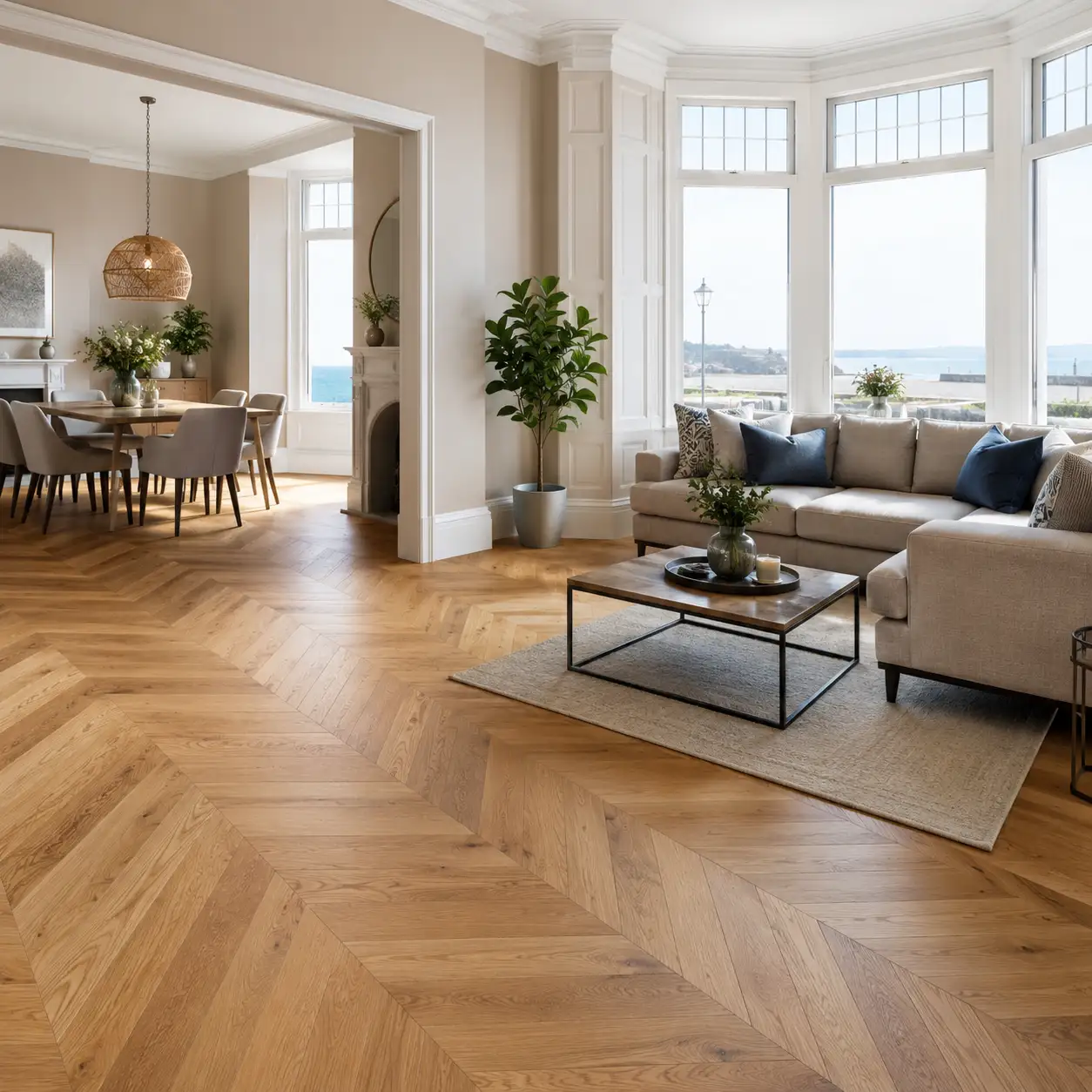 Luxury engineered wood flooring fitted in a bright Wallasey period-style living and dining room with coastal views by Haven Carpets & Flooring.