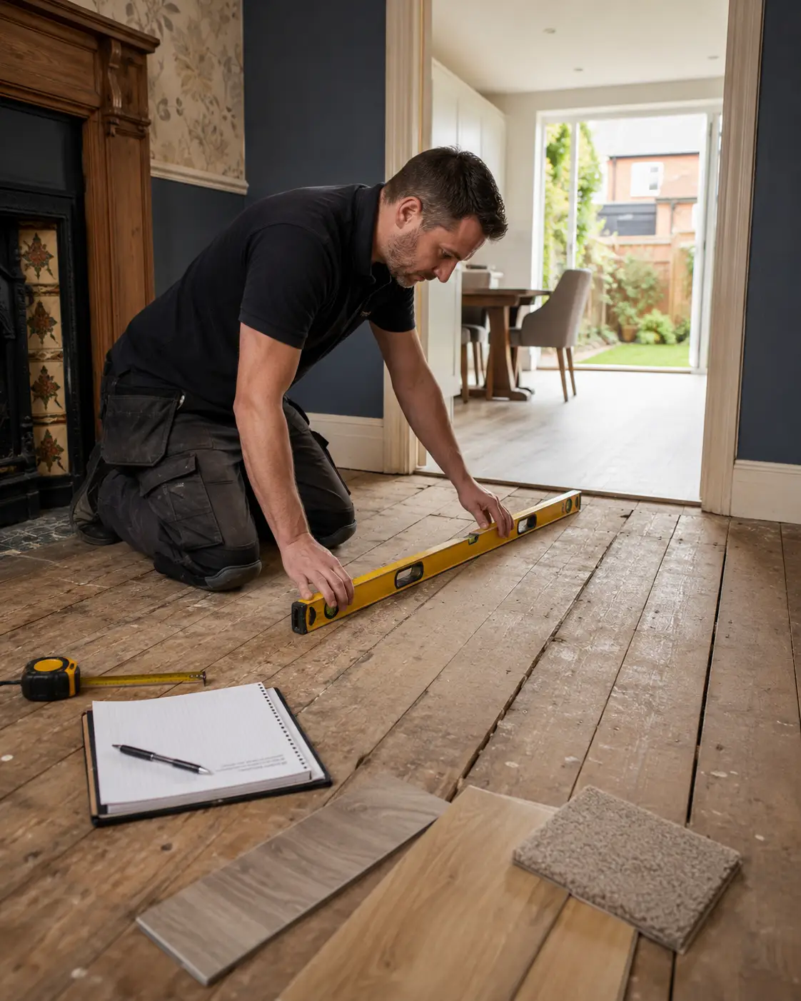 Flooring fitter checking old timber floorboards in a St Helens terrace before quoting for new flooring by Haven Carpets & Flooring.