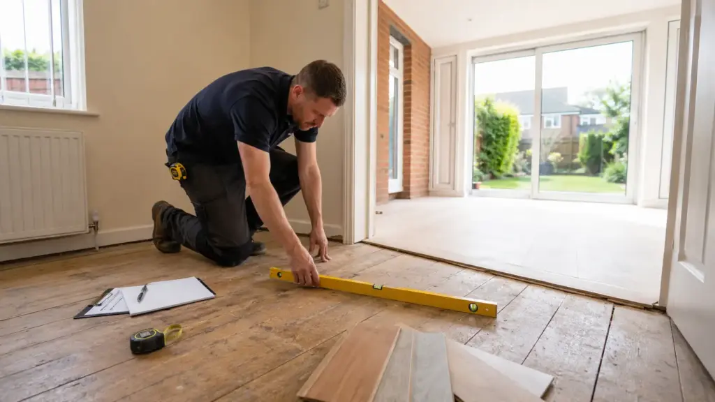 Flooring fitter checking old timber floorboards in a Widnes home before preparing a quote for Haven Carpets & Flooring.