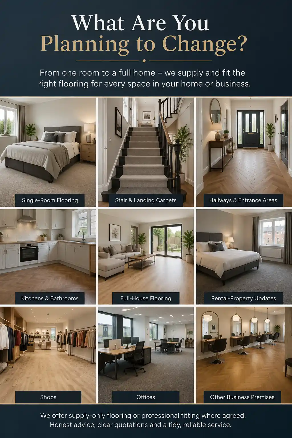 Portrait flooring service graphic showing bedroom carpet, stair carpet, hallway flooring, kitchen flooring, full-house flooring, rental flooring, shop flooring, office flooring and salon flooring.