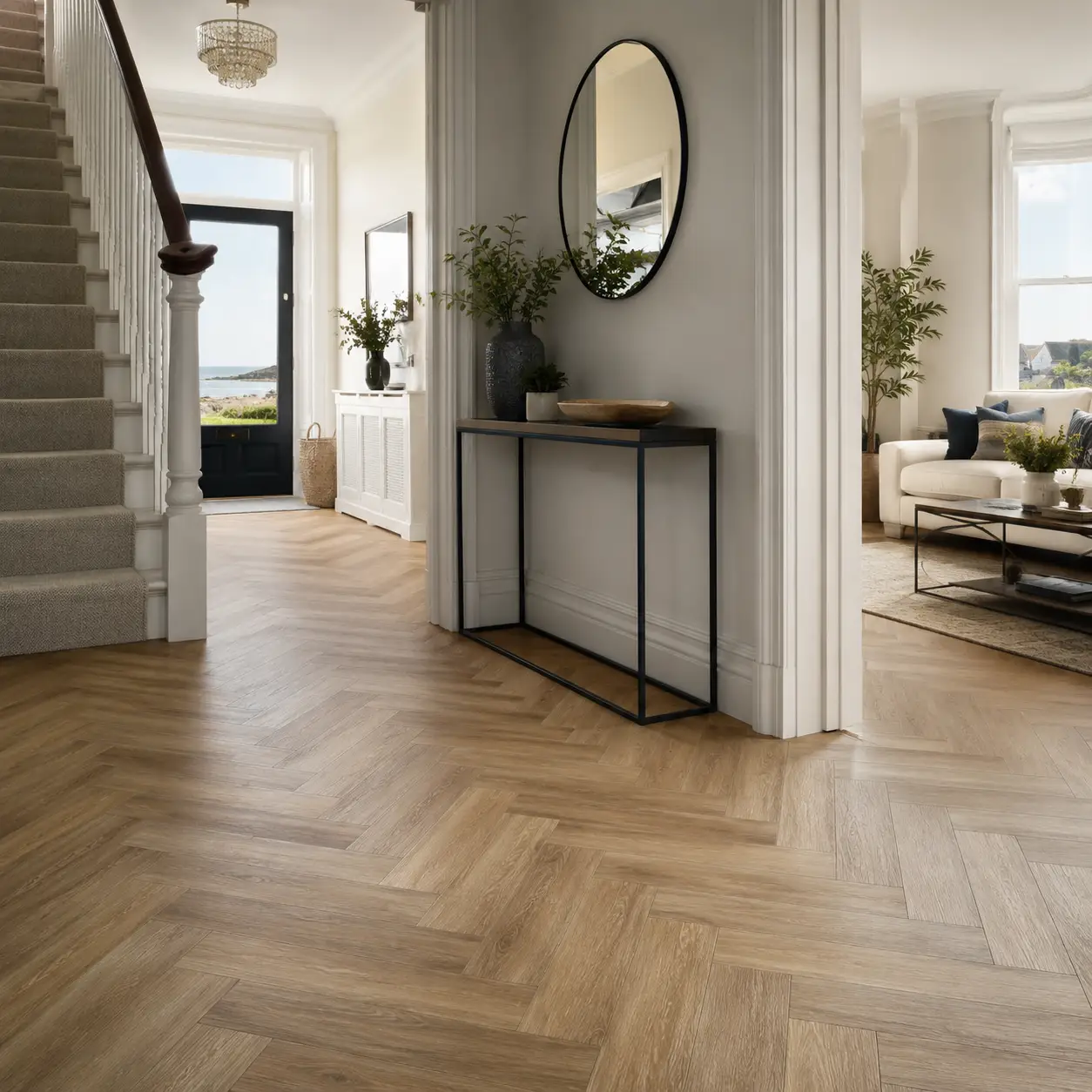 Warm wood-effect LVT flooring fitted in a Wallasey hallway and entrance area by Haven Carpets & Flooring.