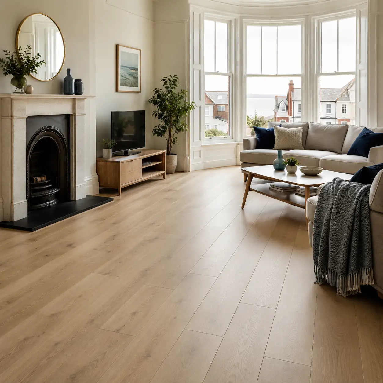 Light oak laminate flooring fitted in a bright Wallasey period living room with bay windows by Haven Carpets & Flooring.