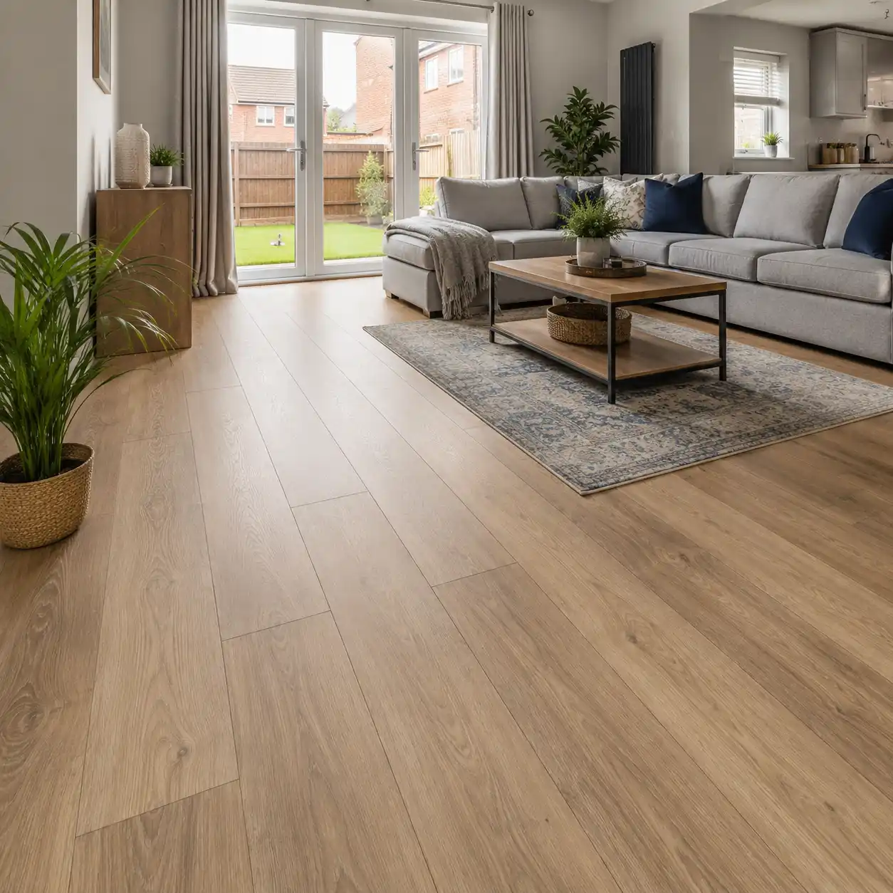 Light wood-effect laminate flooring fitted in a modern living room in Kirkby.
