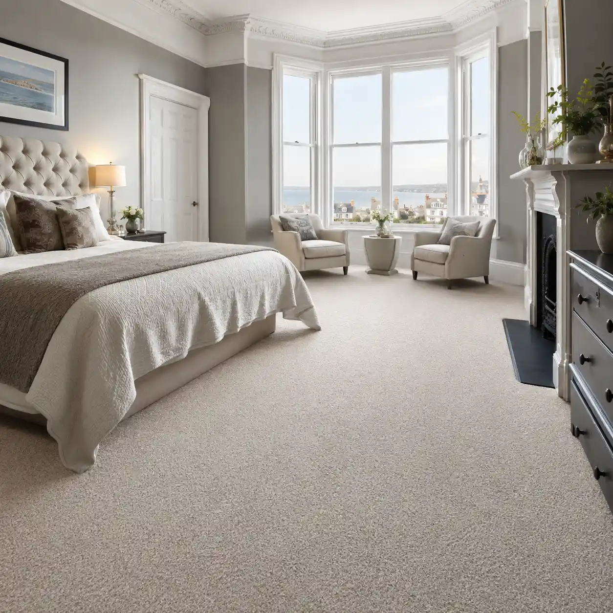 Soft neutral bedroom carpet fitted in a bright Wallasey period home with bay windows and coastal views by Haven Carpets & Flooring.