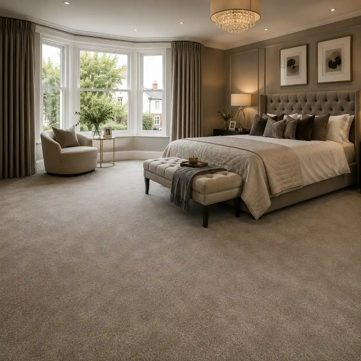 Soft grey carpet fitted in a spacious luxury bedroom with a bay window in Southport.