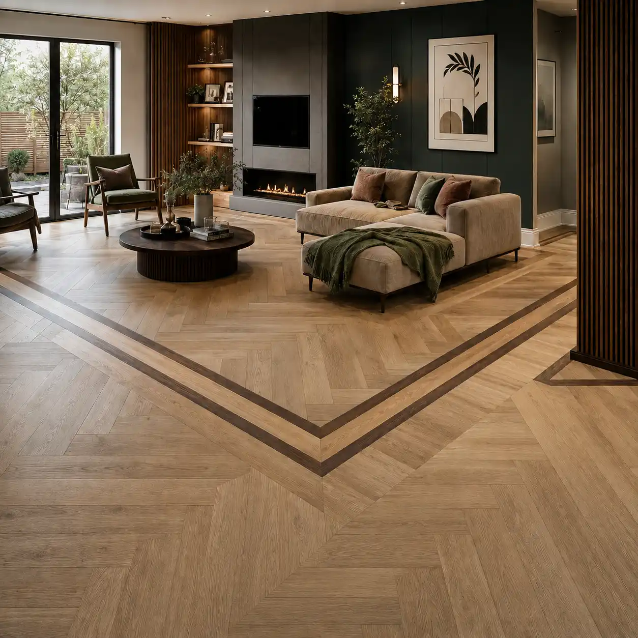 Premium engineered wood flooring with a geometric border design in a luxury modern living room.