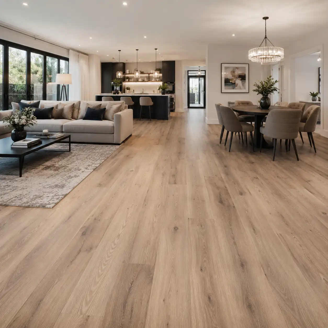 Luxury wood-effect LVT flooring fitted in a modern open-plan Southport living and dining space by Haven Carpets & Flooring.