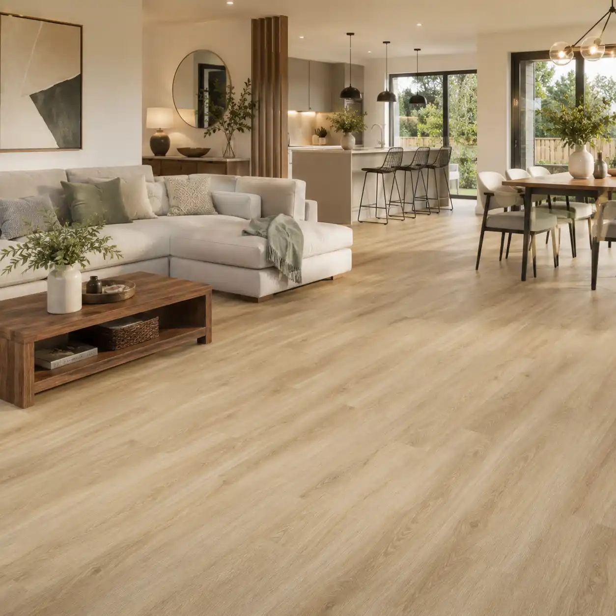 Light oak LVT flooring fitted in a luxury open-plan living room and kitchen in Kirkby.
