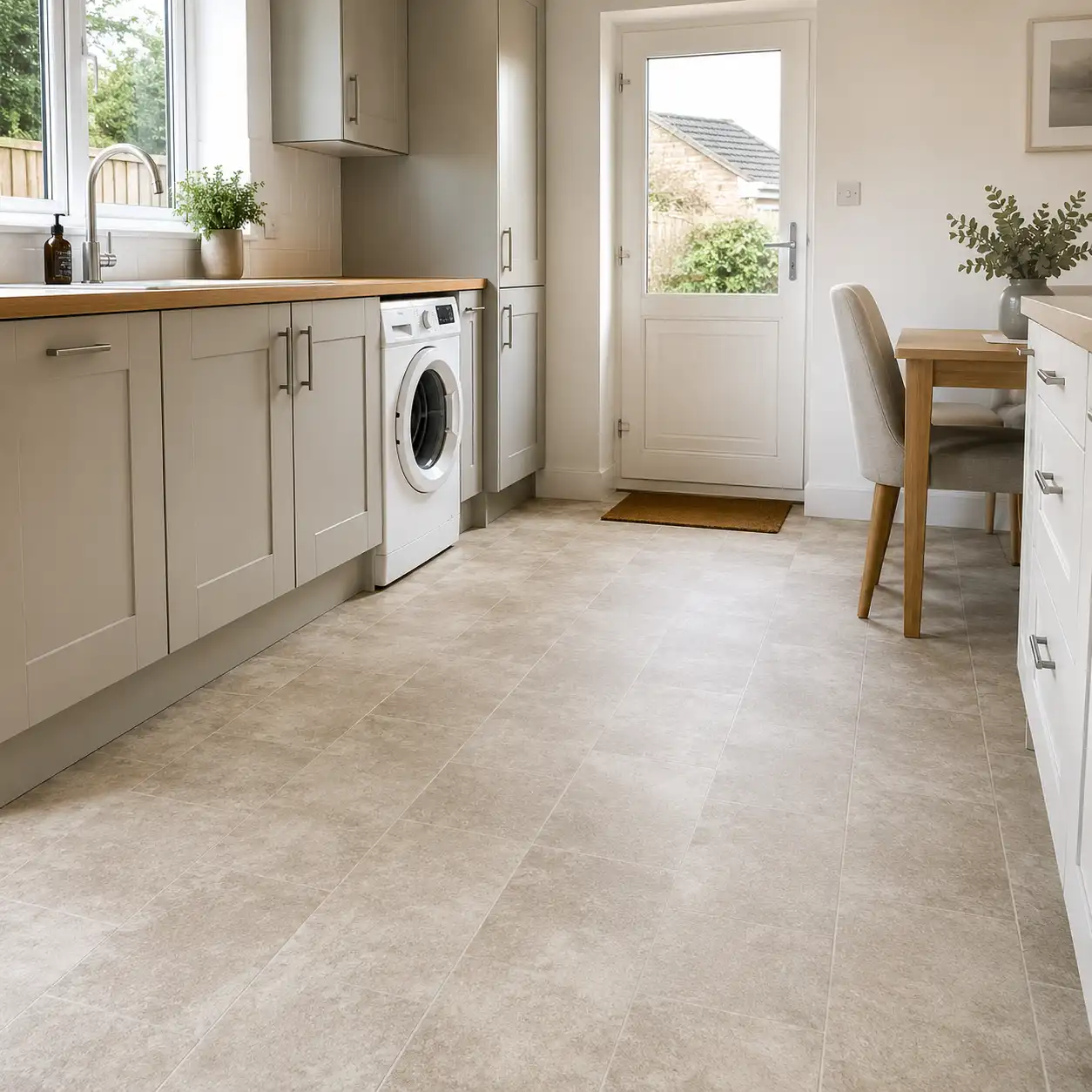 Light stone-effect vinyl flooring fitted in a bright Southport kitchen and utility room by Haven Carpets & Flooring.