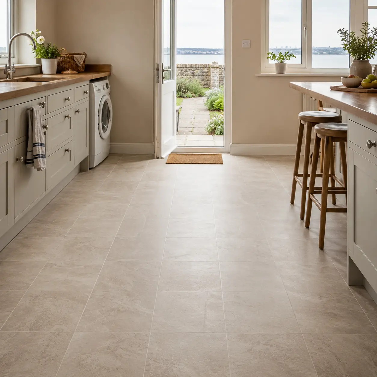 Light stone-effect vinyl flooring fitted in a bright Wallasey kitchen with coastal views by Haven Carpets & Flooring.