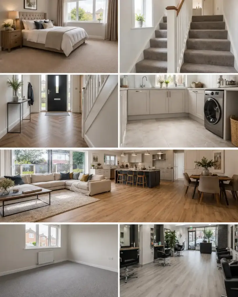 Portrait collage showing different flooring areas in a Runcorn home and business, including bedroom carpet, stair carpet, hallway flooring, kitchen flooring, rental flooring and salon flooring by Haven Carpets & Flooring.